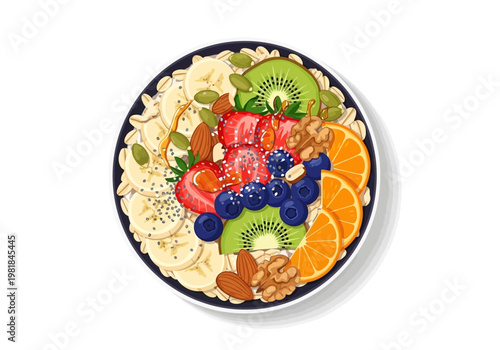 Delicious and nutritious fruit bowl with oats, nuts, and seeds for a healthy breakfast or snack