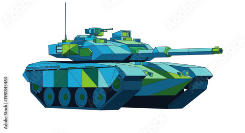Modern low poly tank illustration, polygonal military vehicle in blue and green