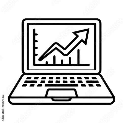 Laptop with Growth Chart Icon, Business Analytics Vector, Minimal Line Design