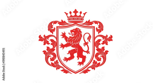 Red Lion Crest Heraldic Emblem with Crown on White Background