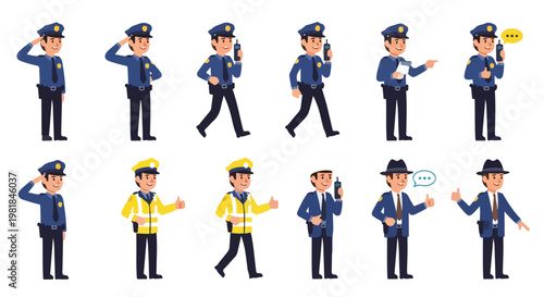 Set of 12 Cartoon Police Officers and Detectives Vector Illustration