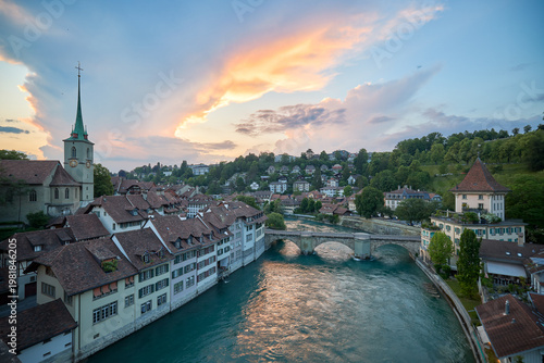 Rooftops and river at sunset