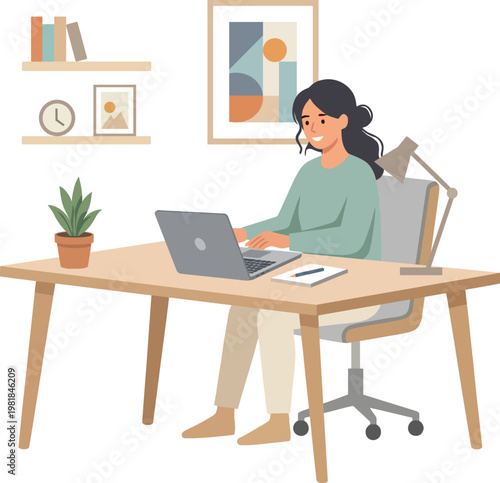 A warm, modern flat vector illustration of a female professional working efficiently on her laptop at a wooden desk.