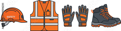 A clean and modern flat vector illustration showcasing essential occupational safety gear.
