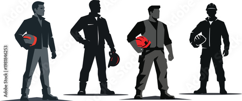 Confident Industrial Construction Workers Silhouette with Red Safety Helmets
