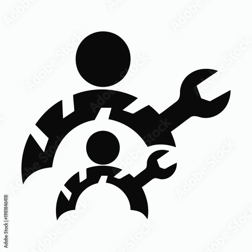Black silhouette icon representing mentorship or family with a larger figure embracing a smaller figure and wrenches