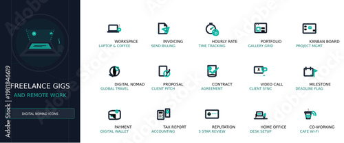 Freelance and Remote Work Vector Icon Set, Minimalist Outline UI Elements for Digital Nomad Lifestyle