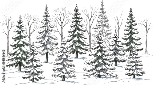 Serene winter forest with snow laden evergreens and bare trees Vector