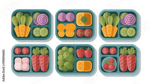 Flat vector illustration of healthy meal prep containers with organized portions of fresh vegetables and organic ingredients