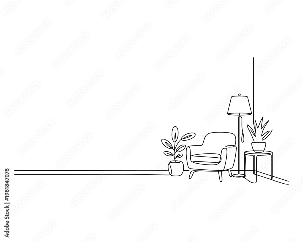 Fototapeta premium Minimalist continuous line drawing of a cozy armchair with a floor lamp and potted plants in a room