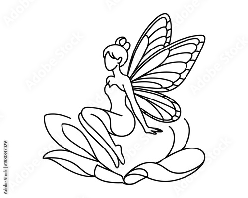 Elegant line art illustration of a delicate fairy with butterfly wings sitting on a stylized flower isolated on transparent background