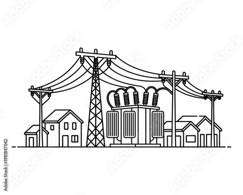 Illustration of electrical substation equipment providing power to residential houses in a simplified line art style