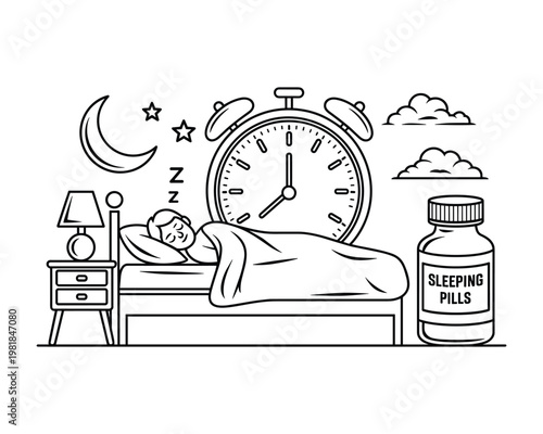 Man sleeping peacefully in bed with alarm clock and sleeping pills nearby depicting peaceful slumber and rest
