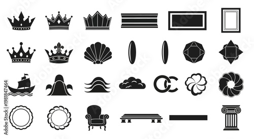 Collection of various black and white vector icons representing crowns, architecture, nature, objects, and abstract shapes for graphic design purposes