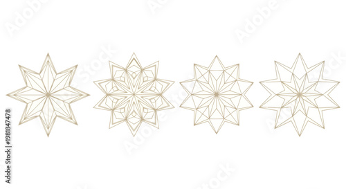Golden geometric mandala ornaments, set of four distinct symmetrical starburst designs with intricate line art patterns on a white background, showcasing elegant radial symmetry