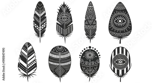 Boho-style black and white tribal feather illustrations with intricate patterns and symbols, perfect for graphic design and decorative elements