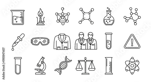 Collection of Science and Research Icons Chemistry, Biology, Physics, and Laboratory Equipment