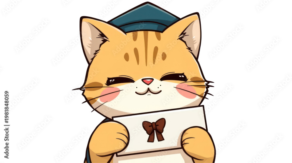 Obraz premium Cute Cartoon Ginger Cat Celebrating Graduation Proudly Holding a Diploma Envelope