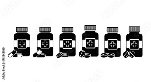 Medical bottles, pills, and capsules, pharmaceutical icons, health care symbols, black and white vector graphics