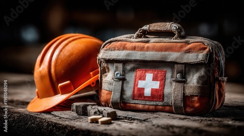 top view of an orange hard hat and first aid box on a dark dramatic background with empty copy space, realistic lighting and safety concept 