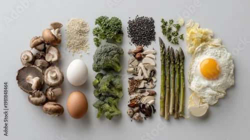 Fototapeta na wymiar bright green background with top view keto foods including salmon, avocado, eggs, nuts, and seeds, with half copy space for social media or infographic