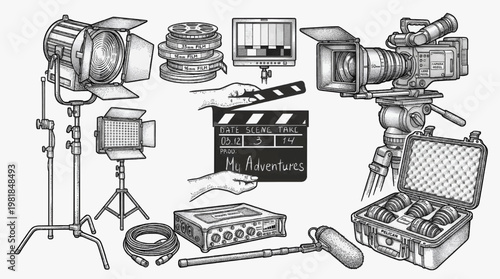 Retro Cinema Equipment Set with Film Reel Camera Microphone and Production Tools