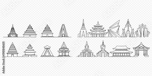 Set of continuous line drawings of famous Asian temples and architectural landmarks, featuring traditional and modern designs in a minimalist style.