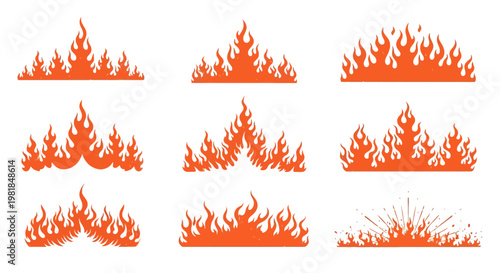 Fire flames, orange blaze, burning embers, vector graphics, 9 elements