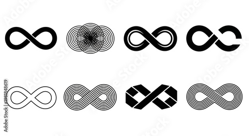 Infinity symbols, vector icons, black and gray, 8 elements, infinite loop graphics