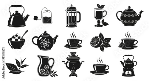 Black tea icons, coffee symbols, hot beverage set, 16 silhouette graphics
