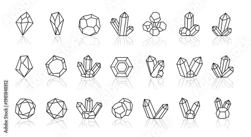 Crystal, gemstone, mineral icons, 20 crystal shapes, black line art