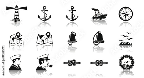 Nautical icons, marine symbols, 16 black and white vector graphics, sailing navigation elements