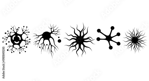 Neuron, neural network, brain cell icons, black silhouette set, neuroscience symbols, vector graphics
