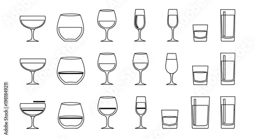 20 Wine Glass, Cocktail Glass, Drink Glass, Barware Icons, Vector Illustrations