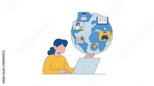 Woman using laptop for global remote work and online education connecting with people worldwide illustration