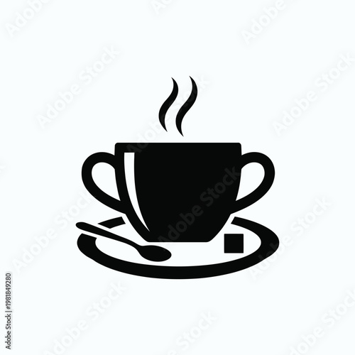 A black silhouette of a steaming cup of coffee on a saucer Vector
