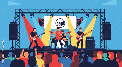 Live Band Performing on Stage with Audience, Concert, Music Festival