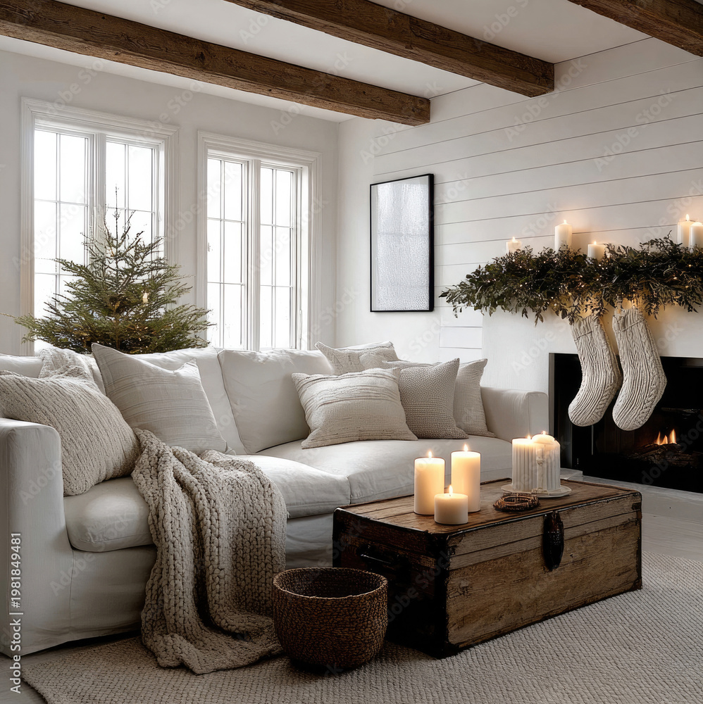 Naklejka premium Cozy cottage farmhouse living room with white sofa, wooden beams, candles, fireplace, and holiday decor create warm inviting atmosphere