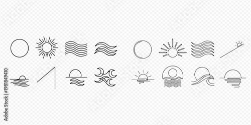 Set of line art icons representing sun, waves, and sunrise or sunset over water, perfect for weather or nature designs.