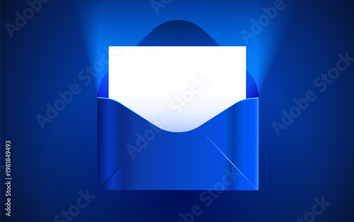 Vibrant blue envelope with a blank white card. Ideal for communication, invitation, or contact designs. Vector illustration.