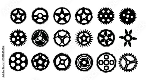 Gear icons, mechanical symbols, black gearwheel set, 20 industrial elements, vector graphics