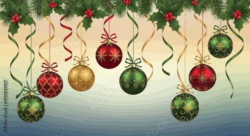 Elegant christmas ornaments hanging amidst festive greenery and ribbons Vector