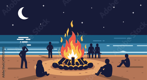 People Enjoying Bonfire on Beach at Night Under Moon and Stars