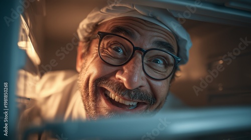 Hungry man looking inside refrigerator late at night