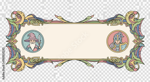 Ornate Medieval Banner with Wizard and Knight Portraits.