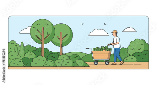 Male gardener pushing a wooden cart filled with fresh green vegetables through a lush park or rural farm landscape.