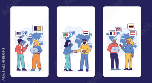 Mobile app interface designs show diverse people communicating across borders using speech bubbles over a world map background.