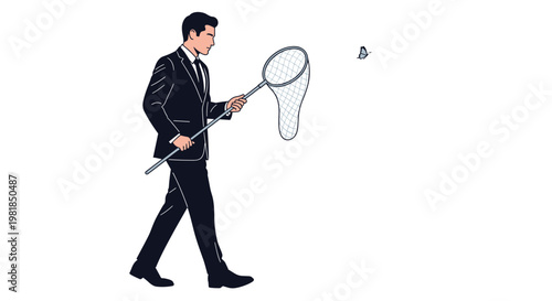 Businessman in a formal suit walks while trying to catch a small blue butterfly using a large net against a clean white background.
