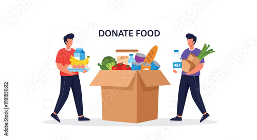 Volunteers work together to fill a large cardboard donation box with various food items like bread, vegetables, and milk for charity.