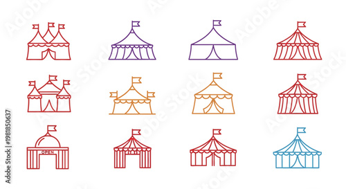 Circus tent icons, colorful carnival symbols, festival graphics, event illustrations